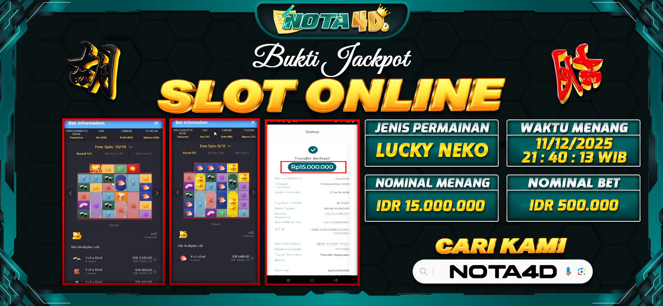 Bukti Kemenangan Besar Dibayar lunas Member NOTA4D RP 15.000.000, 11 Desember 2025
