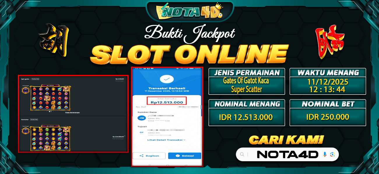 Bukti Kemenangan Besar Dibayar lunas Member NOTA4D RP 12.513.000, 12 Desember 2025