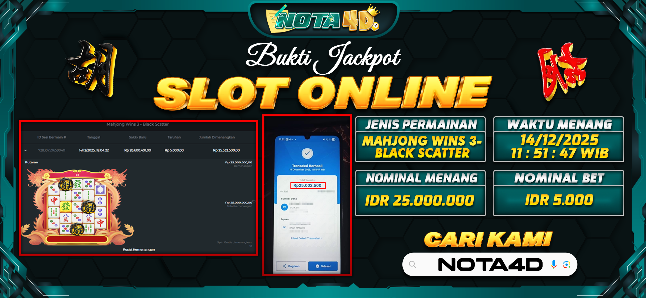 Bukti Kemenangan Besar Dibayar lunas Member NOTA4D RP 25.000.000, 14 Desember 2025